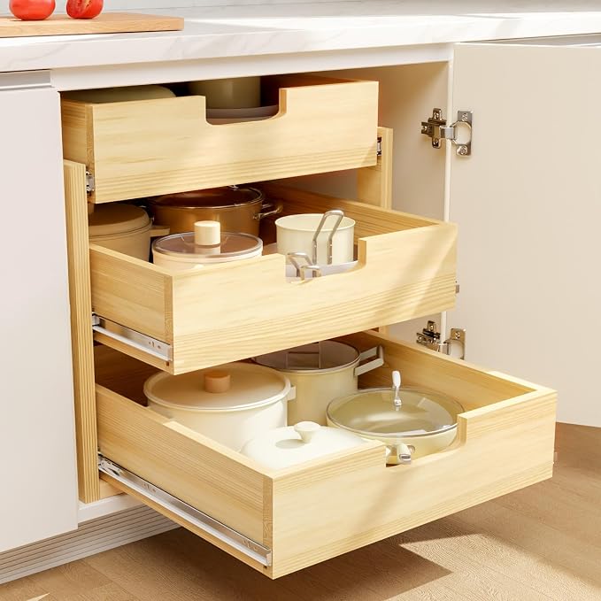 Pull Out Cabinet Organizer, 3 Tier Soft Close Slide Out Wooden Pull out Drawers - Image 2