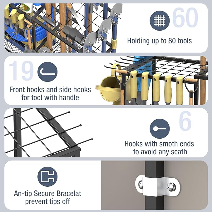 Garden Tool Organizer, Metal Yard Tool Organizer, Holds 70 Long-Handled - Image 5