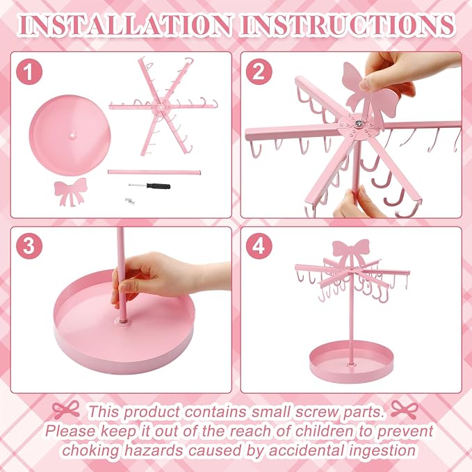 Sliner Pink Bow Rotating Necklace Holder, Metal Jewelry Display Stand Pink - Image 3