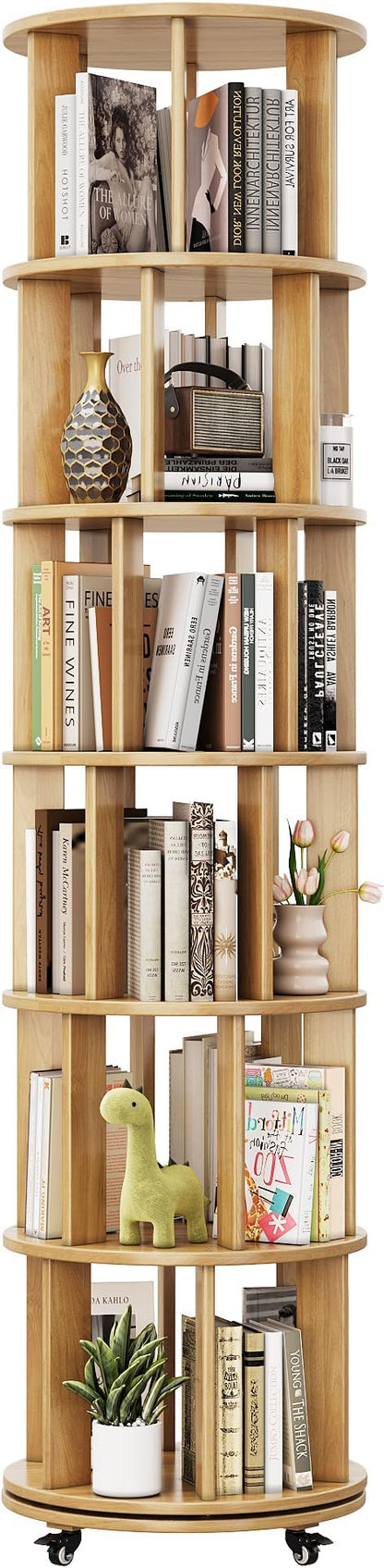IUNVR Rotating Bookshelf, 6 Tier Solid Wood Bookshelf Tower - Image 8