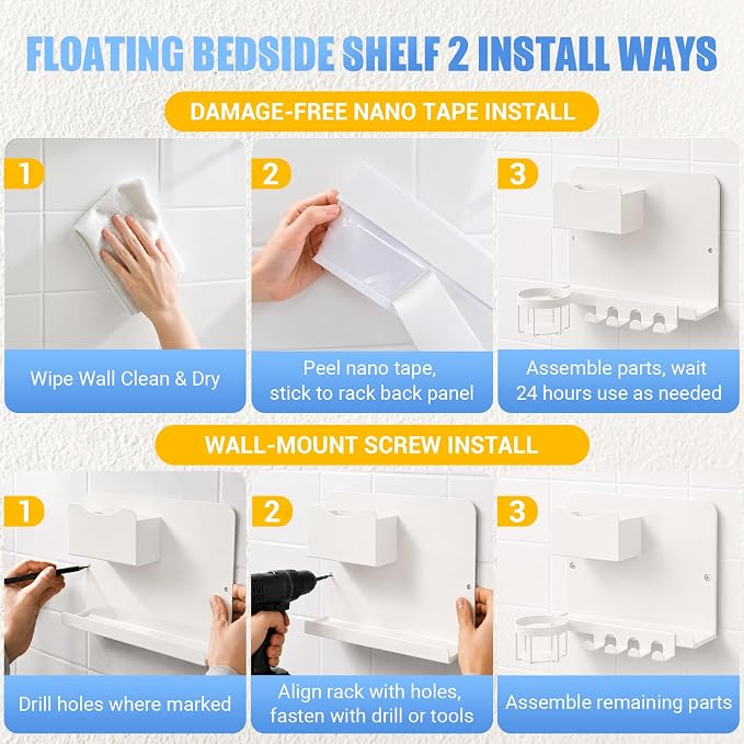 Metal Bedside Wall Shelf, No Drill Floating Bedside Shelf Wall Organizer | - Image 7