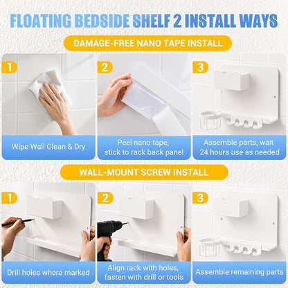 Metal Bedside Wall Shelf, No Drill Floating Bedside Shelf Wall Organizer | - Image 7