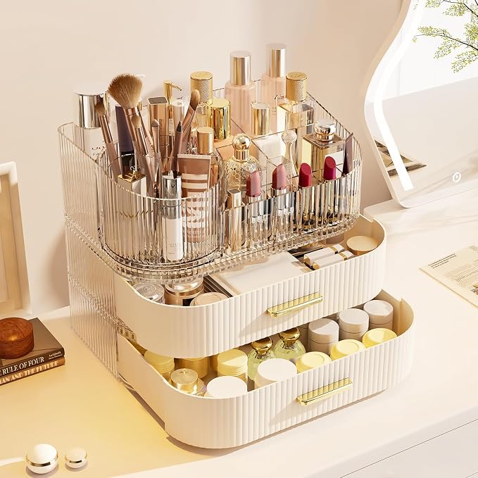 Makeup Organizer with Stackable Drawer, 360 Rotating Makeup Brush Holder - Image 9