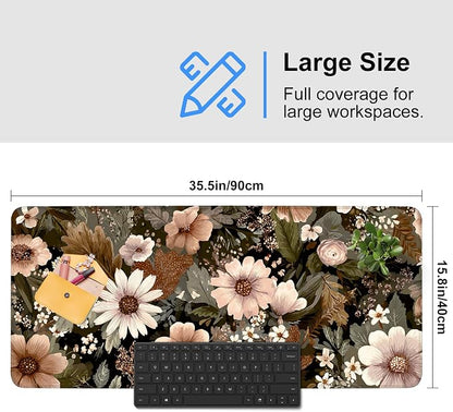 Vintage Beige Floral Mouse Pad – Large Extended Desk Mat 35.43 x 15.75 in – - Image 3