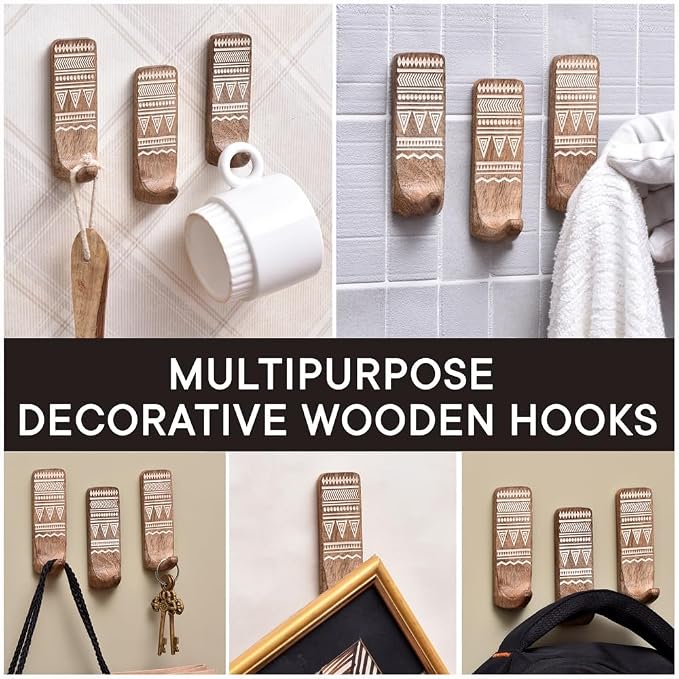 Indian Shelf 6 Wooden Adhesive Wall Hooks - Image 5