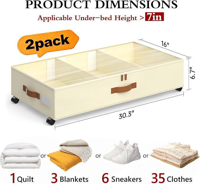 Yecaye Under Bed Storage with Wheels, 2 Pack Under Bed Storage Containers with - Image 4