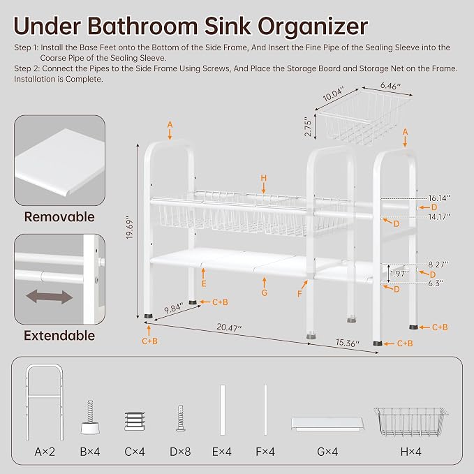 2 Tier Under Sink Organizer Expandable Length/Height Adjustable Heavy | - Image 4