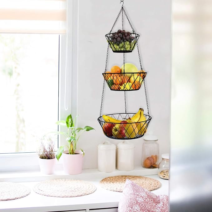 Heavy Duty - 3 Tier Hanging Kitchen Black Fruit Basket - Image 5