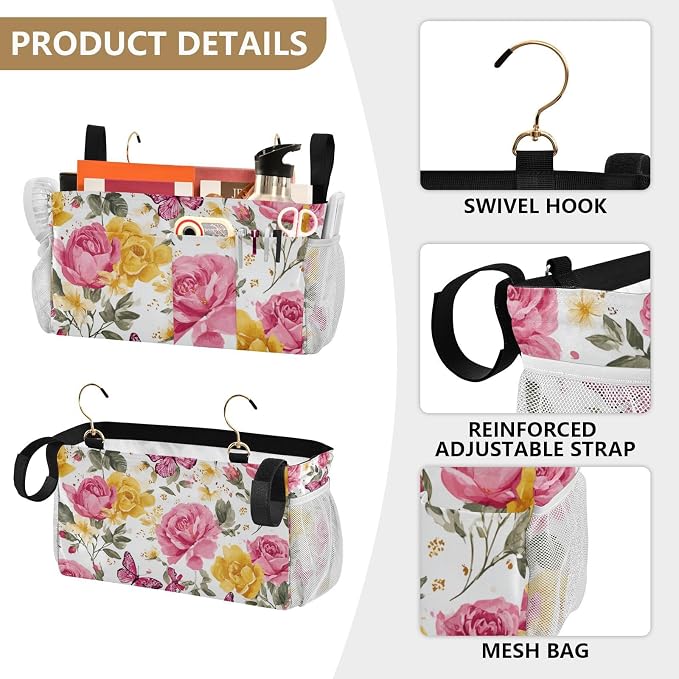 Pink Yellow Roses and Butterflies Bedside Caddy - Image 5