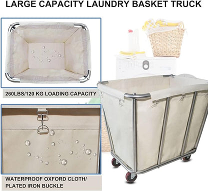 10 Bushel Laundry Cart with Wheels, Heavy Duty Industrial Rolling Commercial - Image 4