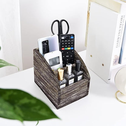 Rustic Brown Wooden Desk Organizer Farmhouse Wood Remote Control Caddy by WelcometoOKSQW