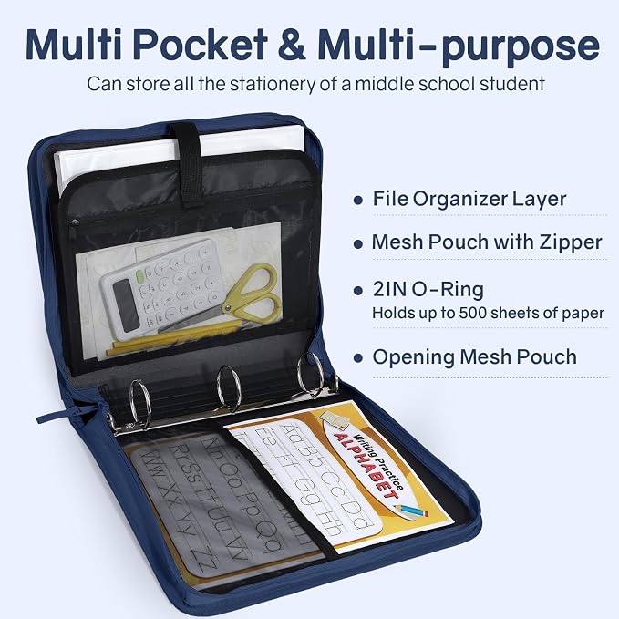 SUNEE Zippered Binder Bag with Handle, 2-Inch 3-Ring O-Ring, 500-Sheet Capacity - Image 3