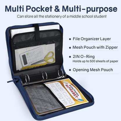 SUNEE Zippered Binder Bag with Handle, 2-Inch 3-Ring O-Ring, 500-Sheet Capacity - Image 3