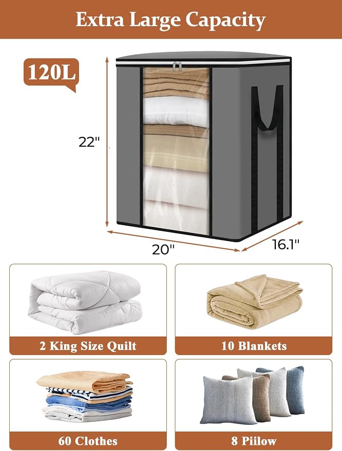 punemi 120L Blanket Storage Bags, Foldable Clothes Storage Organizer - Image 6