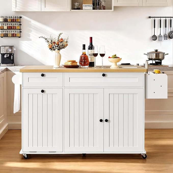 60.2" Kitchen Islands with Storage, Kitchen Island Cart with Trash Can Storage by LEFURTURE