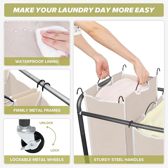 Laundry Sorter Hamper with Wheels, Heavy-Duty Laundry Sorter Rolling Cart - Image 6