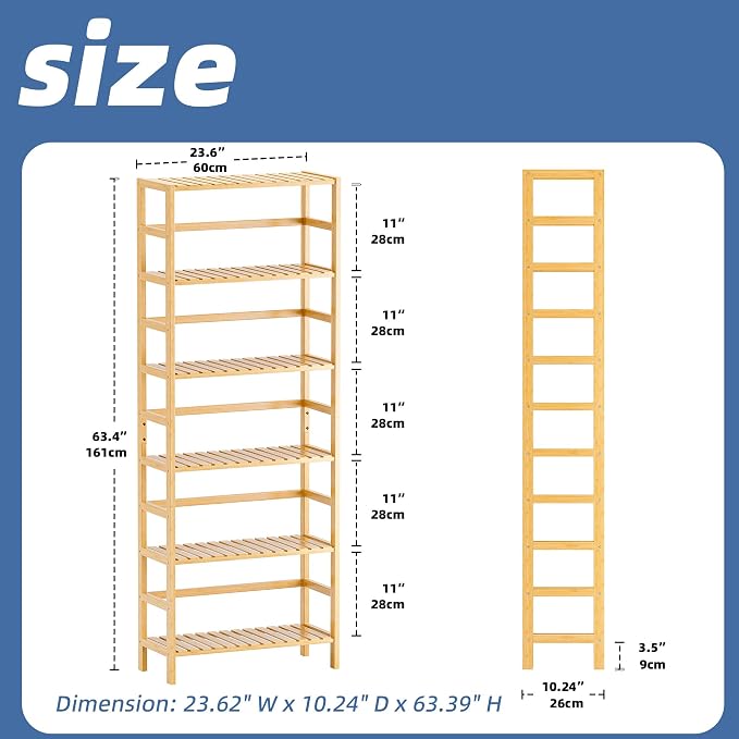 HITNET Bamboo Shelf, 6-Tier Adjustable Tall Open Bookcase, Bathroom Storage - Image 3