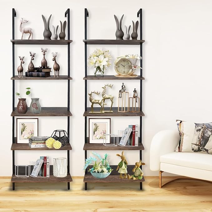5 Tiers Ladder Shelf 2-Piece Black Modern Tall Bookshelf Open Large Tall Wall - Image 8