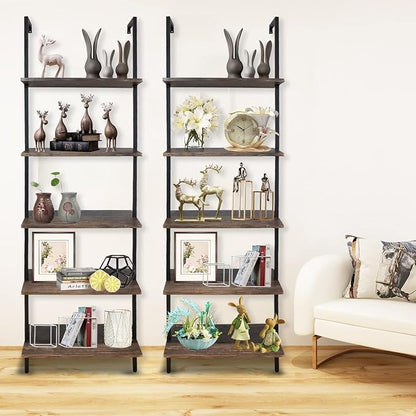 5 Tiers Ladder Shelf 2-Piece Black Modern Tall Bookshelf Open Large Tall Wall - Image 8