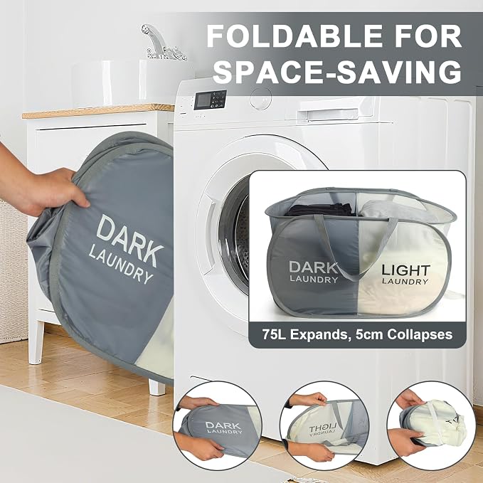 Seefoo 2-Section Collapsible Laundry Baskets, Dual Compartment Foldable Pop Up - Image 3