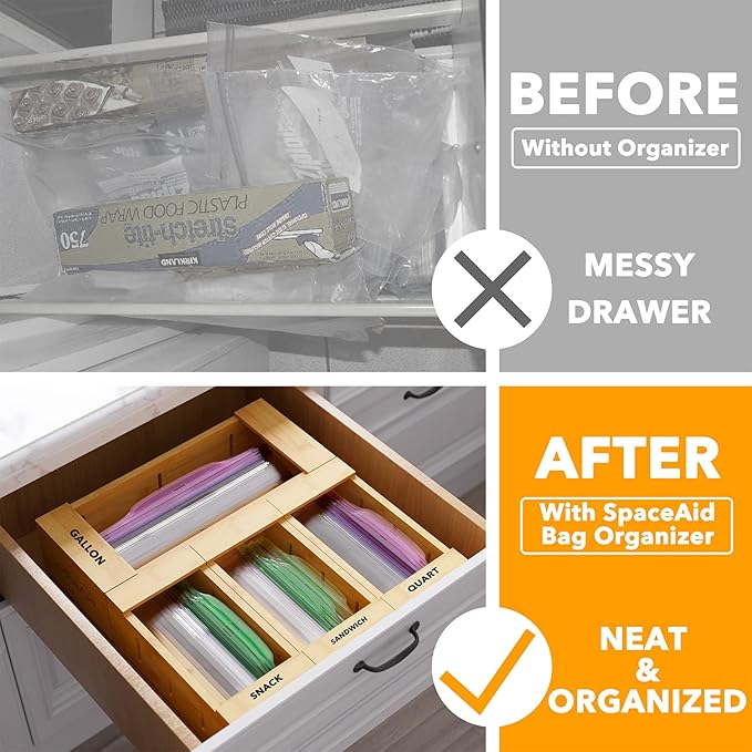 SpaceAid Bag Storage Organizer for Kitchen Drawer, Bamboo Organizer, Compatible - Image 2