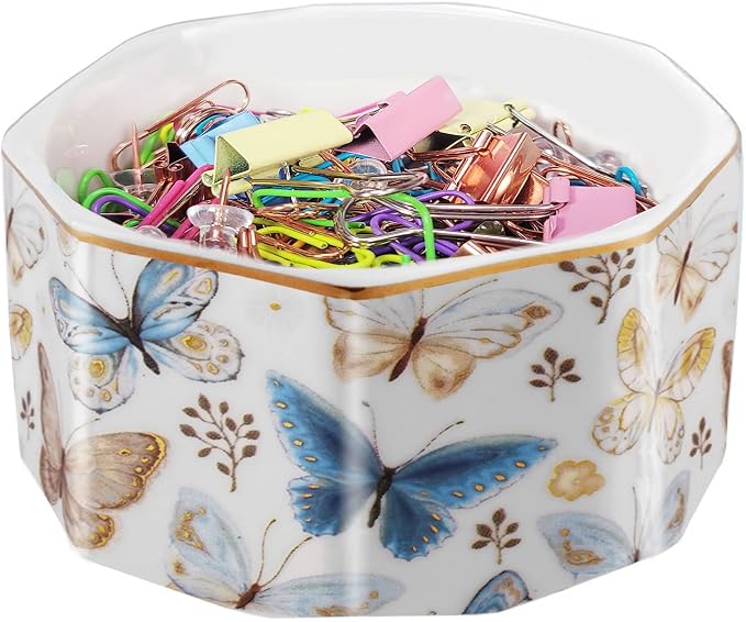 Ceramic Paper Clip Holder Gold Line Paper Clip Dispenser Organizer by LEAZUL
