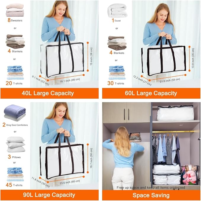 Vieshful 3 Pack 40L+60L+90L Clear Clothes Storage Bag, Zippered Closet Organizer - Image 2