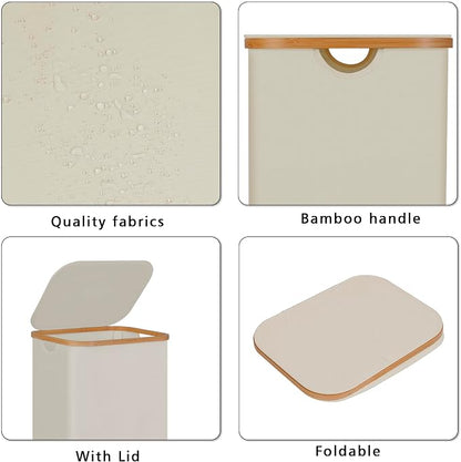 100L Laundry Hamper with Lid, Lagre Basket with Bamboo Handles, Foldable - Image 2