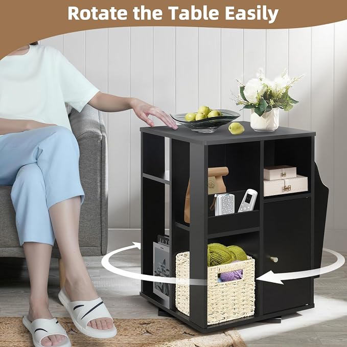 Square Rotating End Table with Storage, Cabinet and Multiple Storage, Swivel - Image 3