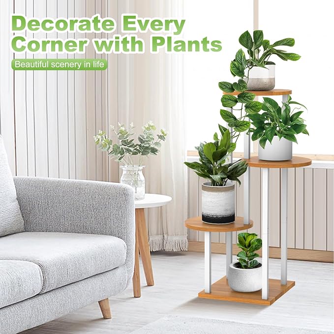 4 Tier Wood Tall Plant Stand Metal Rack Indoor, Round Planter Shelf Display - Image 4