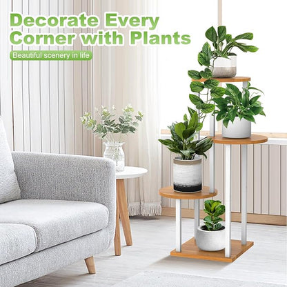 4 Tier Wood Tall Plant Stand Metal Rack Indoor, Round Planter Shelf Display - Image 4