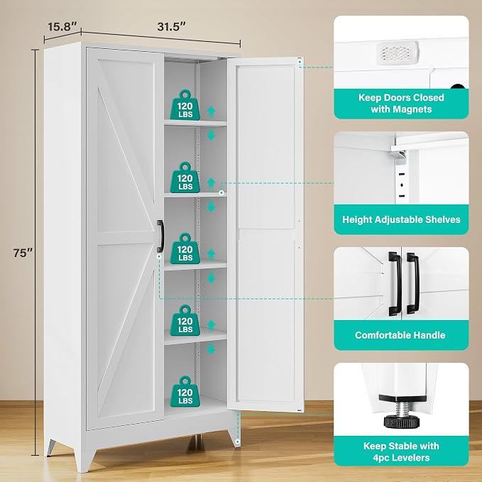 75" Tall Pantry Cabinet, Farmhouse Kitchen Pantry Storage Cabinets - Image 3