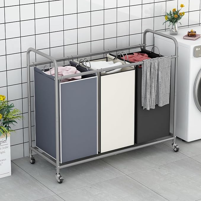 LINZINAR 3-Bag Laundry Basket Sorter Laundry Hamper Cart - Image 2