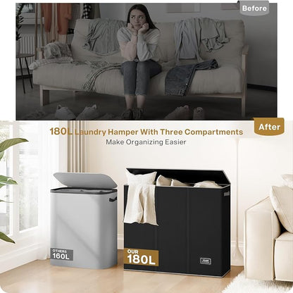 SOLEDI 180L Laundry Hamper 3 Section, Extra Large Laundry Hamper - Image 9