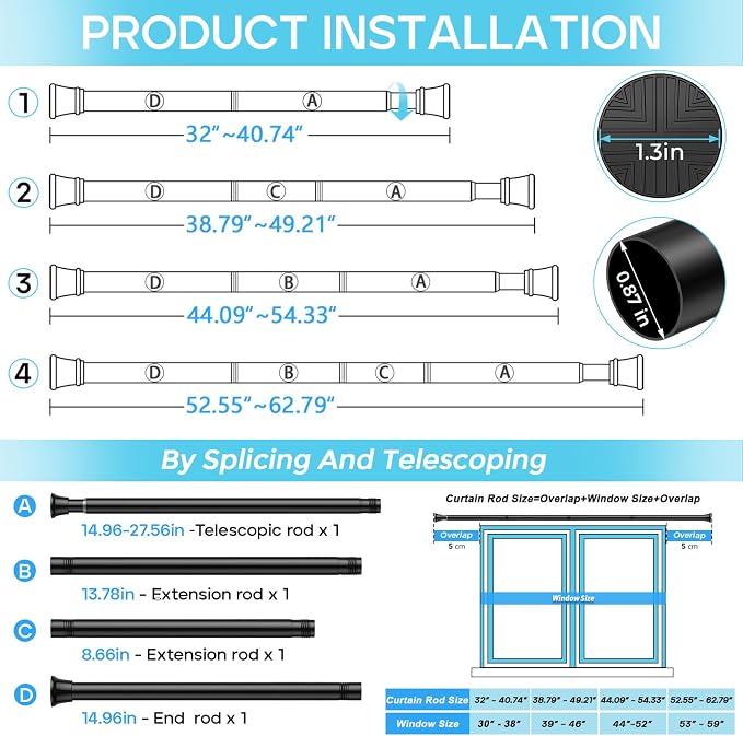 2 Pack Spring Tension Curtain Rod 32-62 inch, Adjustable Expandable Tension - Image 4