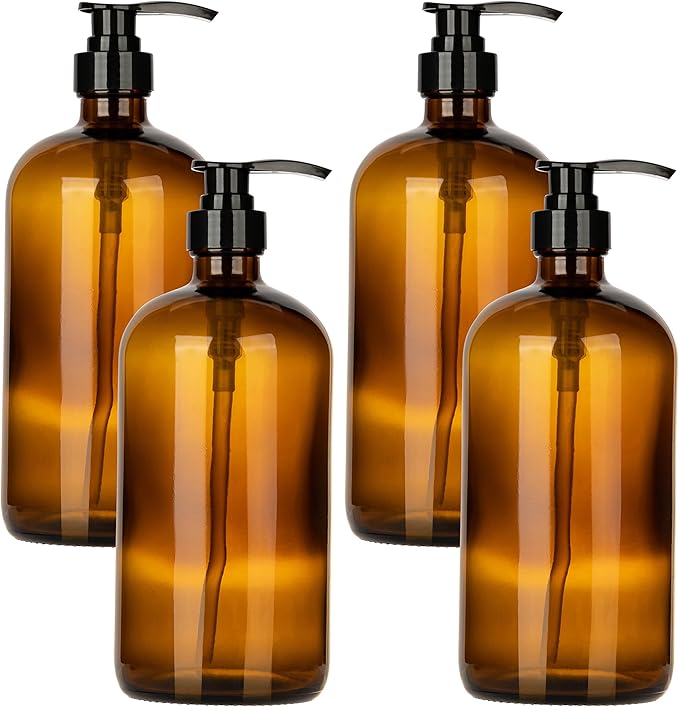 32 Ounce Glass Pump Dispenser Bottle, Large Amber Container by KITCHENTOOLZ