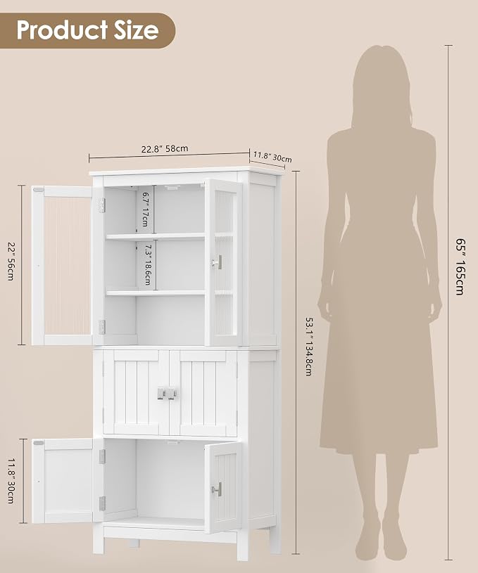 Akxomel 53.1" Tall Bathroom Cabinet 6 Doors Linen Floor Storage Cabinet | - Image 3