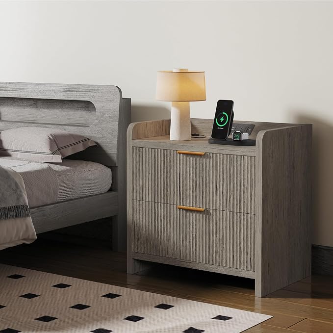 Fluted Nightstand with Charging Station, 23.6" Modern Night Stand with 2 Drawers - Image 2