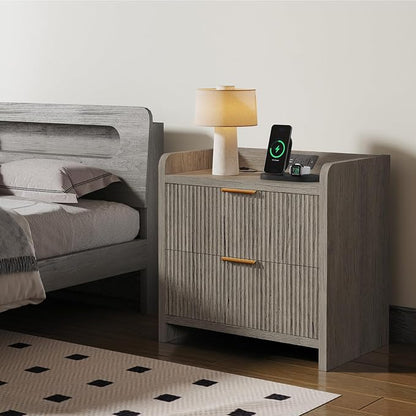 Fluted Nightstand with Charging Station, 23.6" Modern Night Stand with 2 Drawers - Image 2