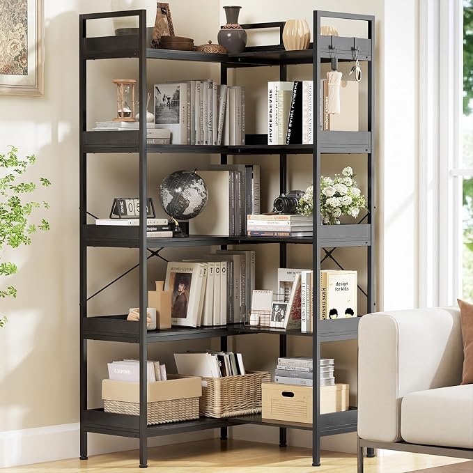 KOUSEI 5-Tier Corner Bookshelf, Reversible L-Shaped Bookcase - Image 5