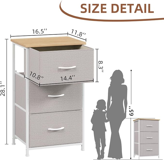 Somdot Small Dresser for Bedroom, 3 Drawer Storage Cabinet, Ash Grey | Tall - Image 3