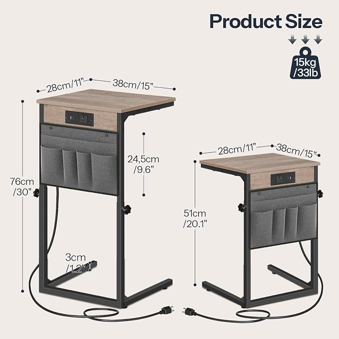 HOOBRO C Shaped End Table with Charging Station, 30” Adjustable Height Sofa - Image 4