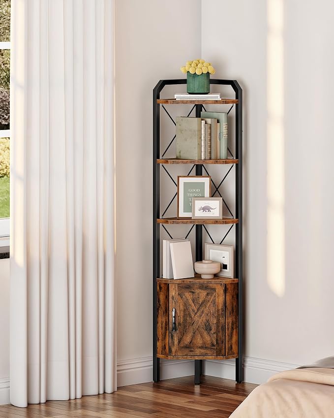 62.2" Corner Shelf with Cabinet, 4-Tier Tall Corner Bookshelf with X-Shaped and - Image 2