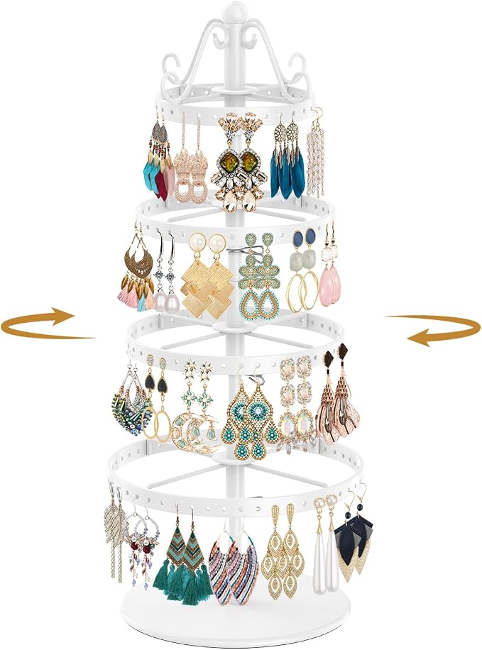 MODOWEY Rotating Earring Holder Organizer Stand, 4 Tier Adjustable Metal by MODOWEY