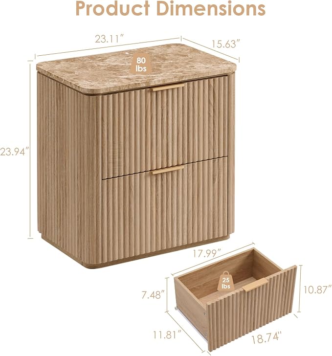 Fluted Nightstand with 2 Drawers, Bedside Table with Faux Marble-Top, - Image 2