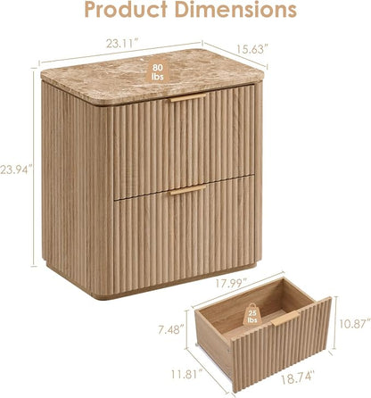 Fluted Nightstand with 2 Drawers, Bedside Table with Faux Marble-Top, - Image 2