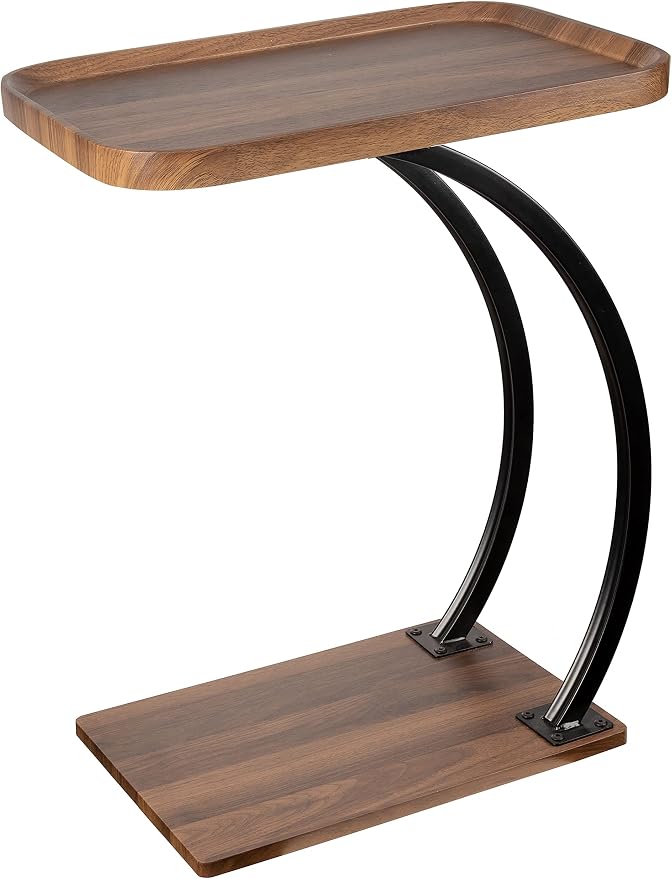 C Shaped end Table, 2tier Large Tray Wood top, Easy Install Heavy Duty Side by ALPOME