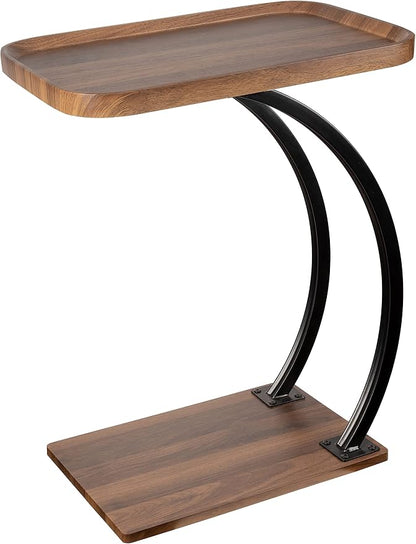 C Shaped end Table, 2tier Large Tray Wood top, Easy Install Heavy Duty Side by ALPOME