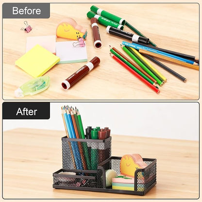 Comix Mesh Pen Pencil Holder Desk Organizer, 3 Compartment Wire Desktop Pen - Image 4