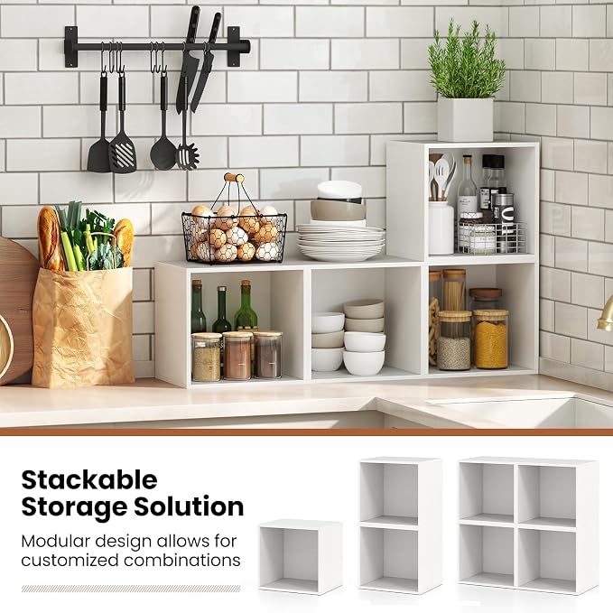Giantex 2-Cube Bookcase, Stackable White Cube Storage Organizer w/Open Bookshelf - Image 7
